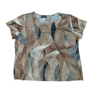 Vintage Brittany Black Glamour Top 2X Brown Black White Abstract Wave Sequin Art